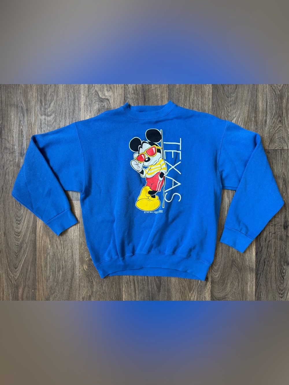 Vintage Velva Sheen L Blue Fleece Crewneck Mickey Mouse Texas Sweatshirt